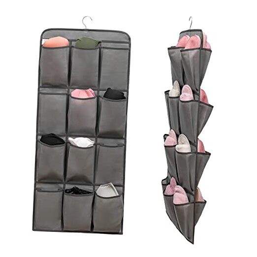 Dual Sided Hanging Shoe Organizer with 24 Large Pockets Grey Closet Storage
