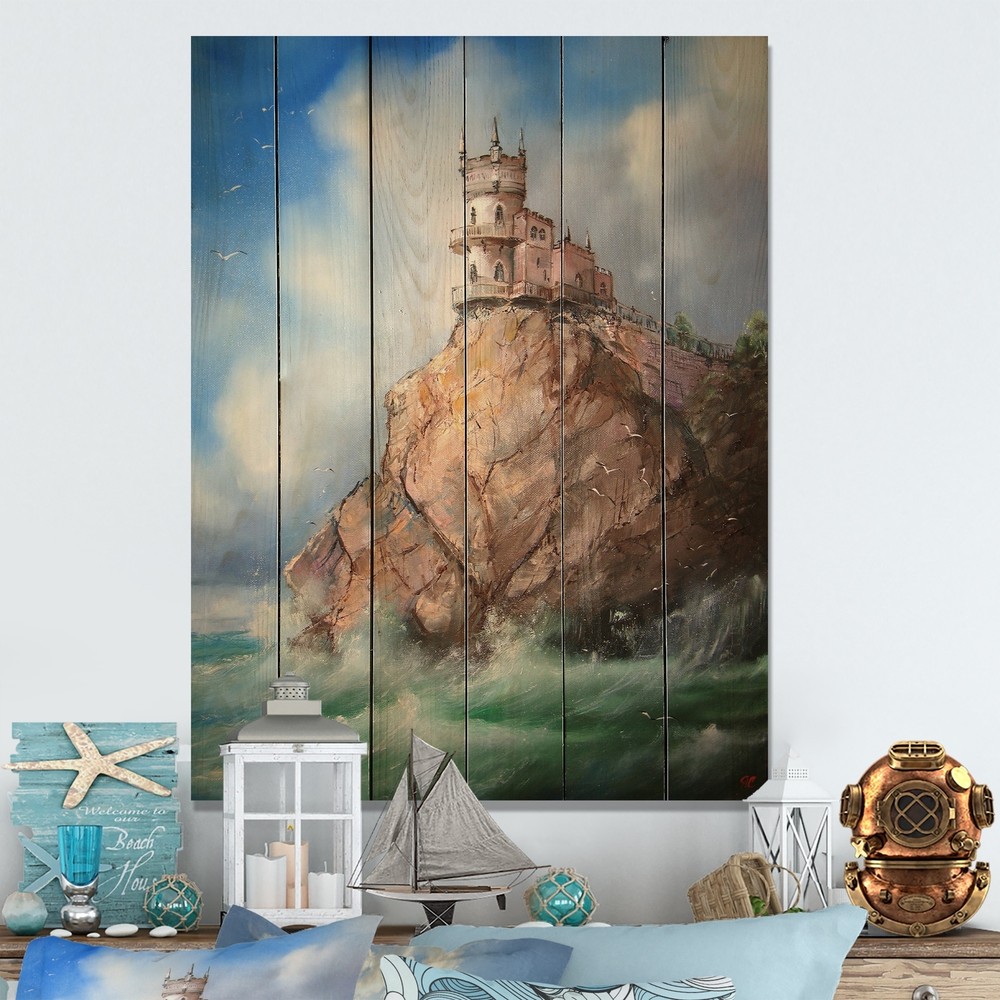 Designart 'Seascape Castle' Nautical & Coastal Wood Wall Art Décor - Natural