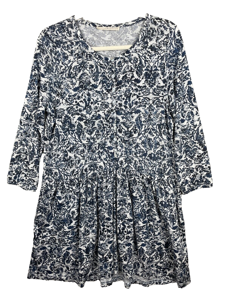 Peruvian Connection Dress Small Blue Floral Half Button Cottage Core Pockets