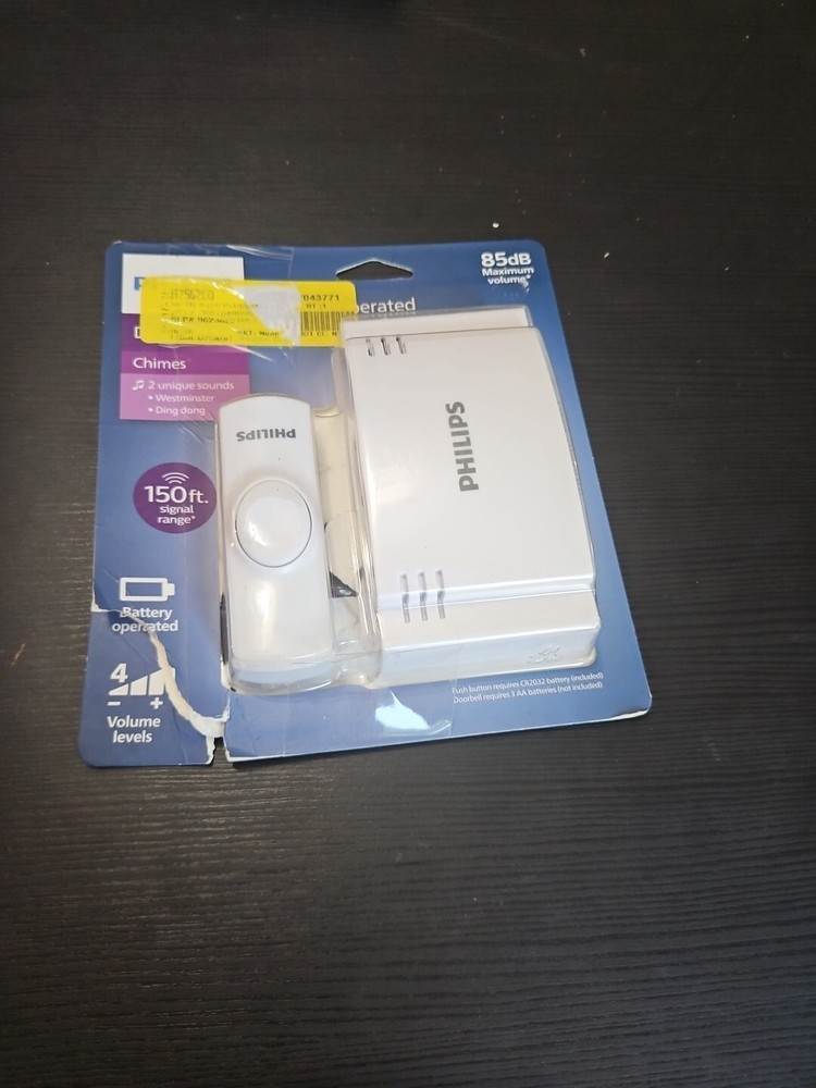 Philips Wireless Doorbell Kit with Push Button 2 Sounds Battery Operated Chime