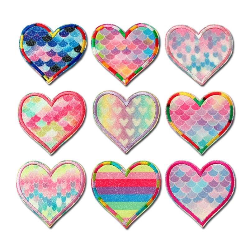 10Pcs Rainbow Heart Glitter Iron-On Embroidery Patches DIY Craft
