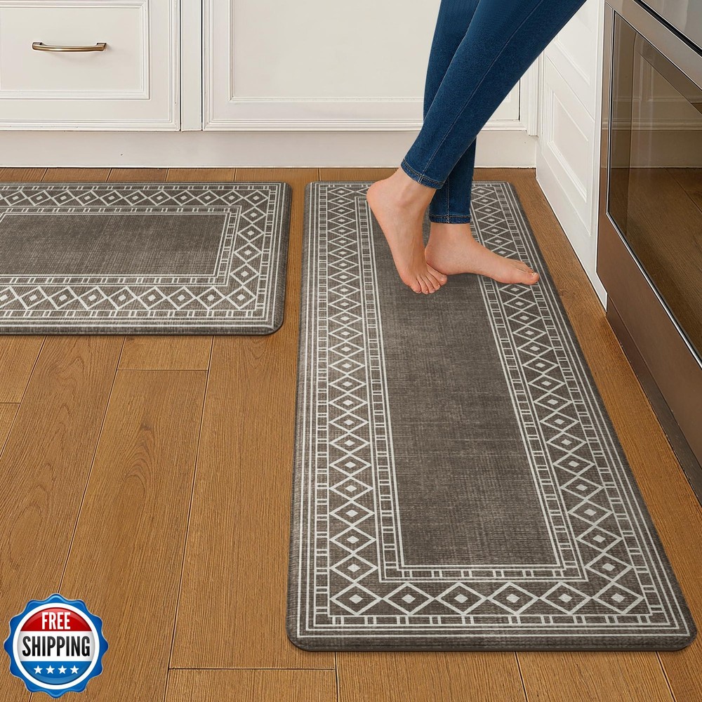 GENIMO Kitchen Mats for Floor 2 PCS Cushioned Anti-Fatigue, Geometric Waterpr