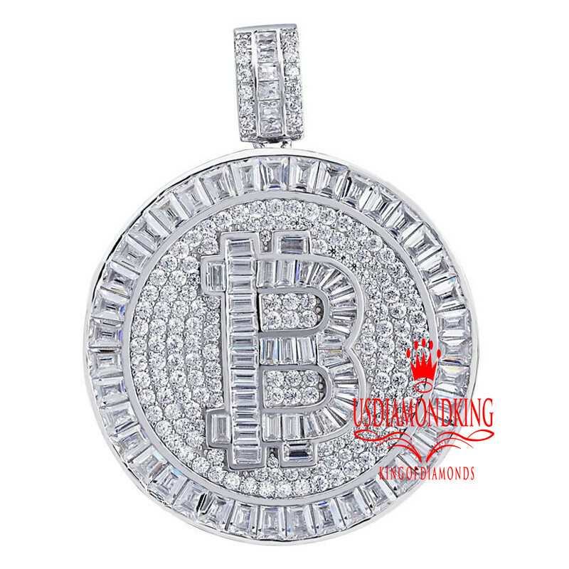 Baguette Real White Gold On Genuine Silver Cryptocurrency Bitcoin Pendent Charm-image