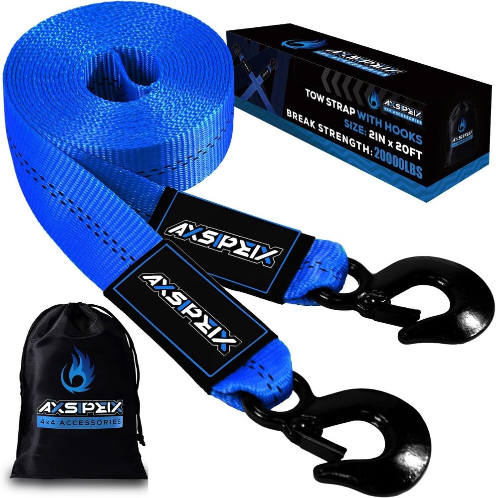 Heavy Duty 2x20 Nylon Tow Strap with Hooks 20000lbs Recovery Rope for Cars