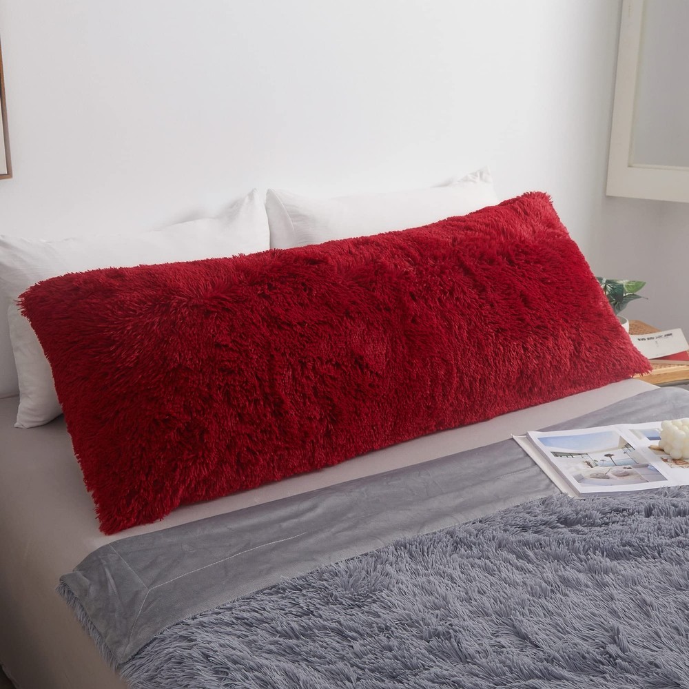Luxury Red Fluffy Faux Fur Body Pillow Cover 20x54 Soft Shaggy Case