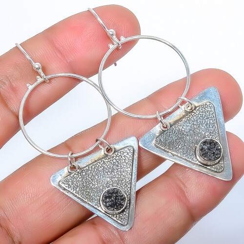 Titanium Carbon Agate Drusy 925 Sterling Silver Earring 2.42