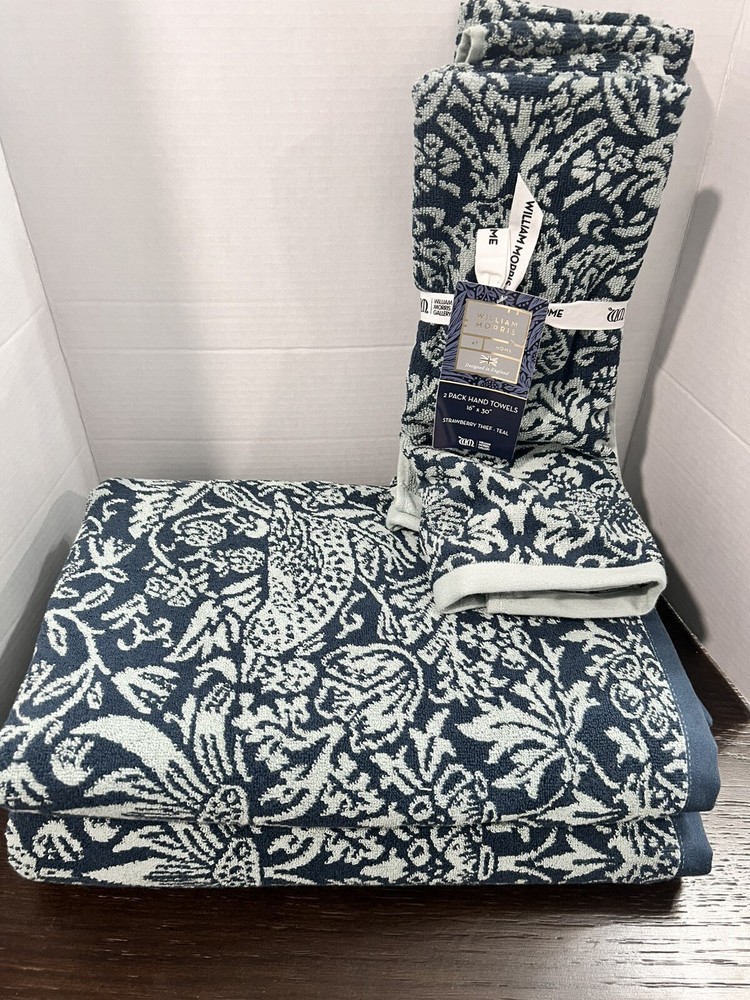 William Morris STRAWBERRY THIEF TEAL 2 XLarge Bath 2 Hand Towels Pakistan NWT