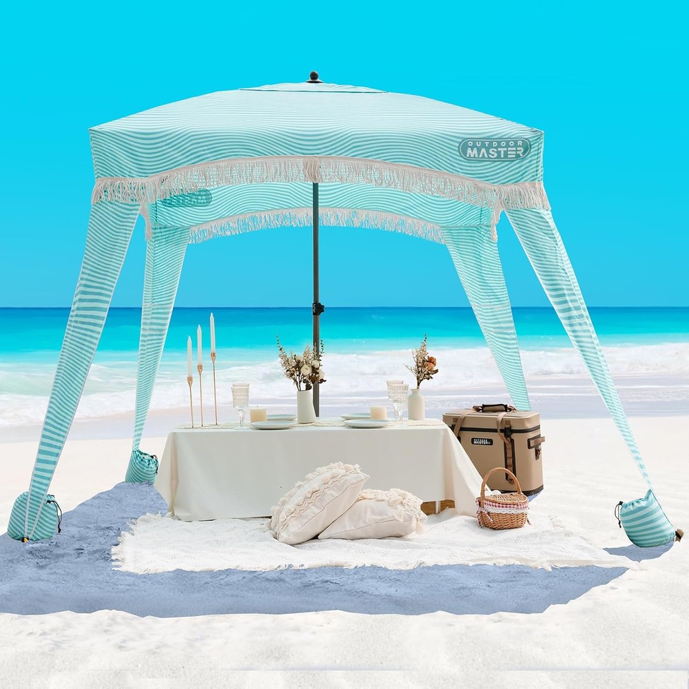 OutdoorMaster 6’ Beach Cabana with Fringe and Stripes, Portable Sun Shelter