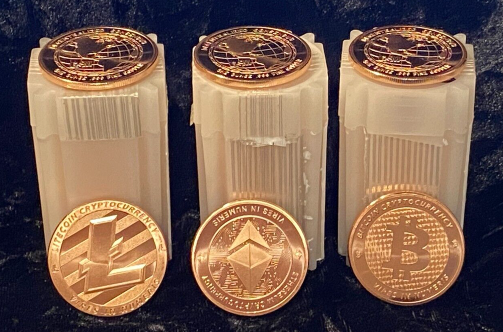 20 Coin Rolls BIT COIN Lite Coin ETHEREUM  1 oz. Copper Rounds GOLDEN STATE MINT