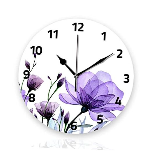 Battery Operated Wall Clocks 12 Inch,Purple Flowers,Silent Home Decor for