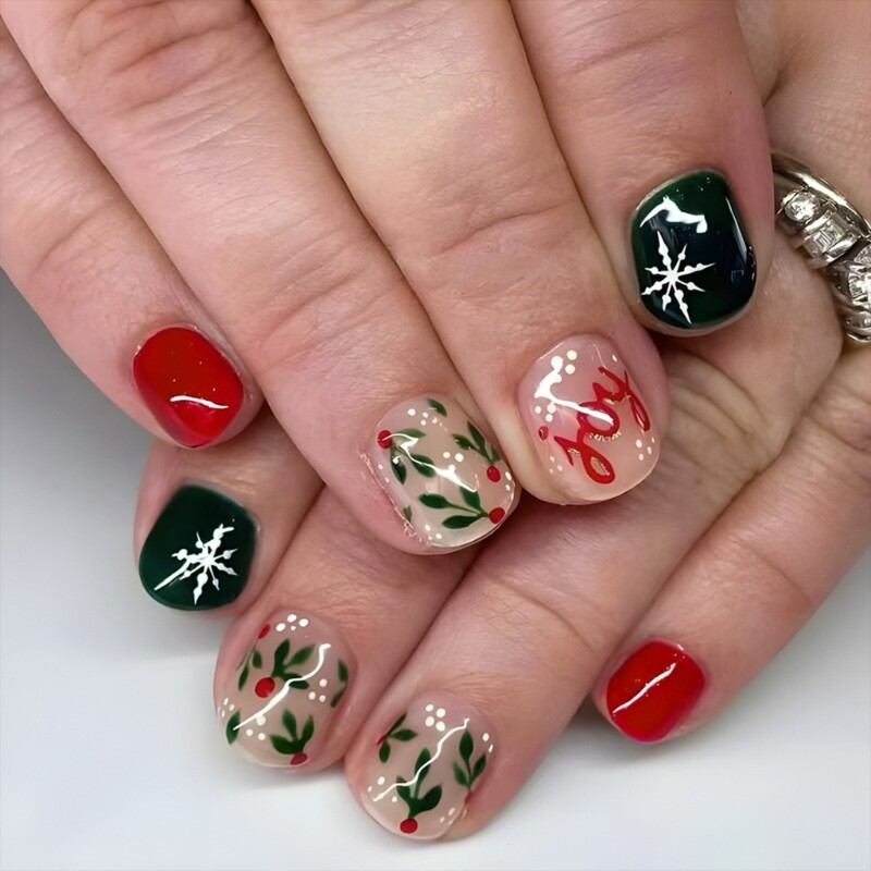 Snowflake Short Square Press On Nails Christmas Design Fake Nails