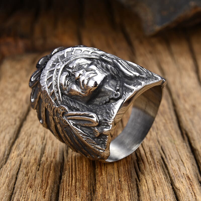 Unique Silvery Ornament Steel Indian Chief Men's Titanium Religious Jewelry Ring