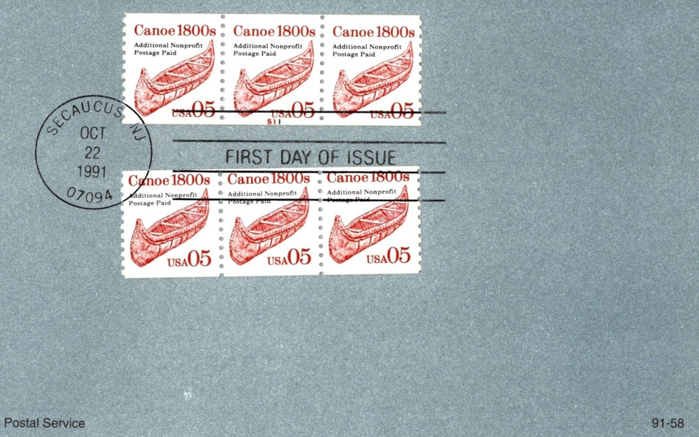 Canoe First Day Souvenir Page FDC 2454 Plate # Single PNC 1991-58