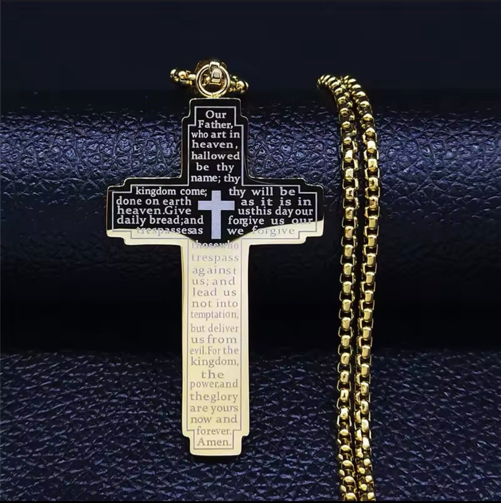 Men Boys Stainless Steel Cross Pendant Necklace  Lord's Prayer Bible Chain 24