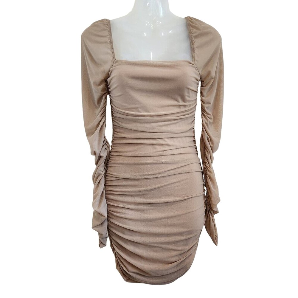Princess Polly Square Neckline Long Sleeve Ruched Mesh Mini Dress Beige Size 4