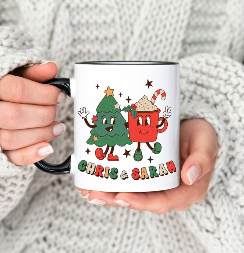 Retro Groovy Custom Couples Christmas Coffee Mug with Names for Hot Cocoa-image