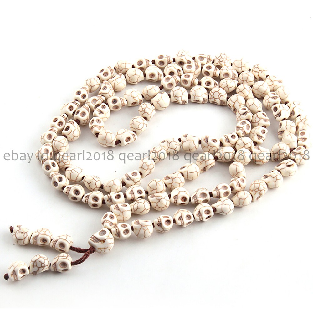 White Turquoise Carve Skull 10x12mm 108 Prayer Bead Tibet Buddhist Mala Necklace
