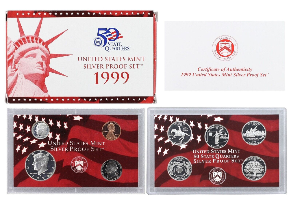 1999 United States Mint Silver Proof Set - 9 Coins - COA & OGP  90% Silver
