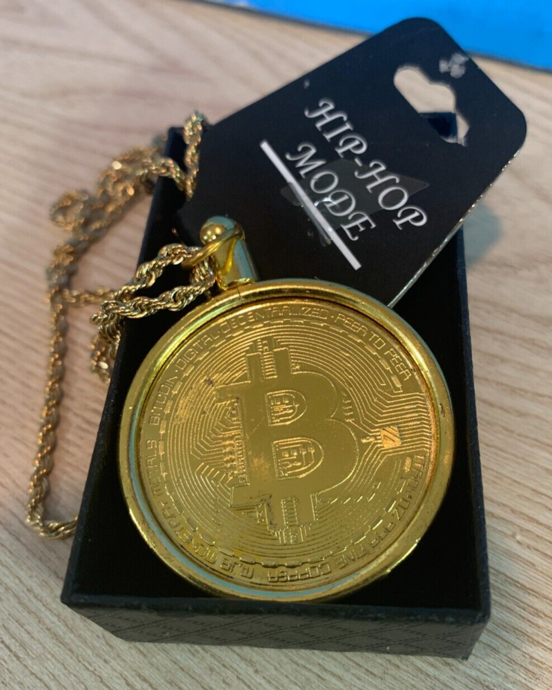 BITCOIN NECKLACE Gold Plated BTC Crypto Cryptocurrency Coin Pendant & Rope Chain-image