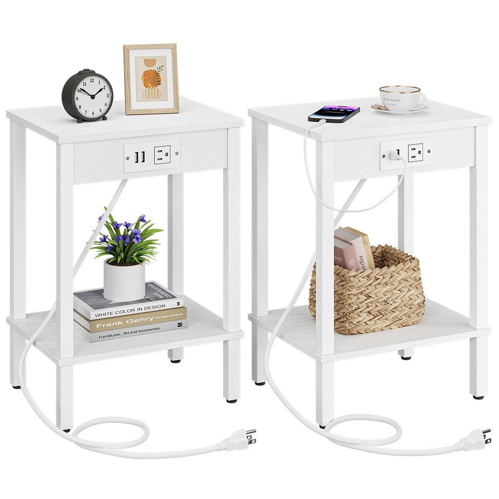 Set of 2 End Table with Charging Station, Narrow Side Table with USB Ports an...