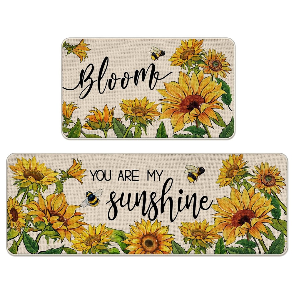 Bright Sunflower Kitchen Rugs Set of 2 with Bee Bloom Design