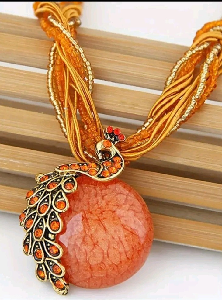 Bohemian Ethnic Orange Retro Peacock Gemstone Pendant Necklace Women Party New