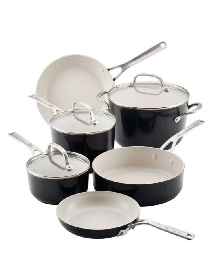 KitchenAid 9-Piece Forged Aluminum Ceramic Nonstick Cookware Set Black 500F Safe Stockpot Fry Pan  