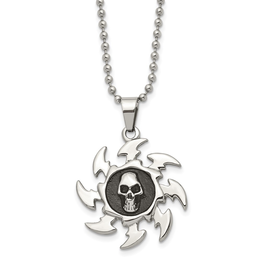 Stainless Steel and Polished Skull on Saw Blade Pendant Ball Chain Necklace 24