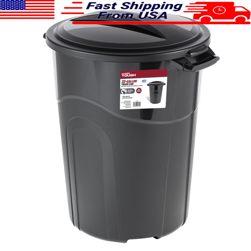 32 Gallon Heavy Duty Garbage Can W/ Lid Black Indoor/Outdoor 64lbs Load Capacity