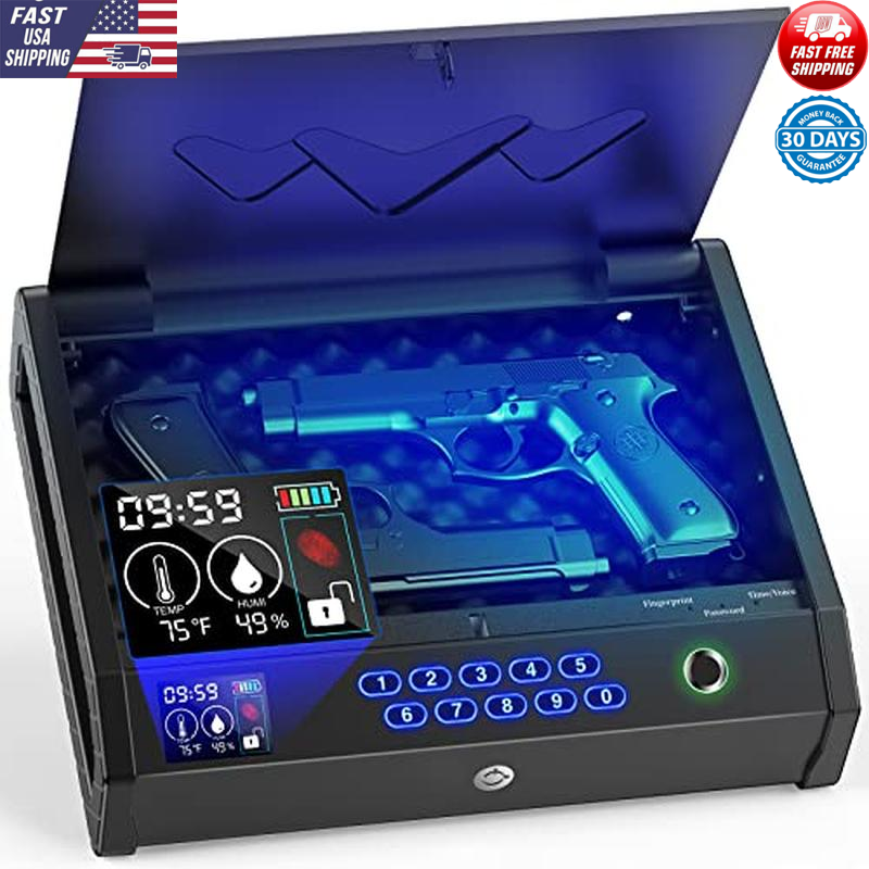 Biometric Gun Safe LCD Display Time Battery 2 Pistol Capacity LED Silent Black-image