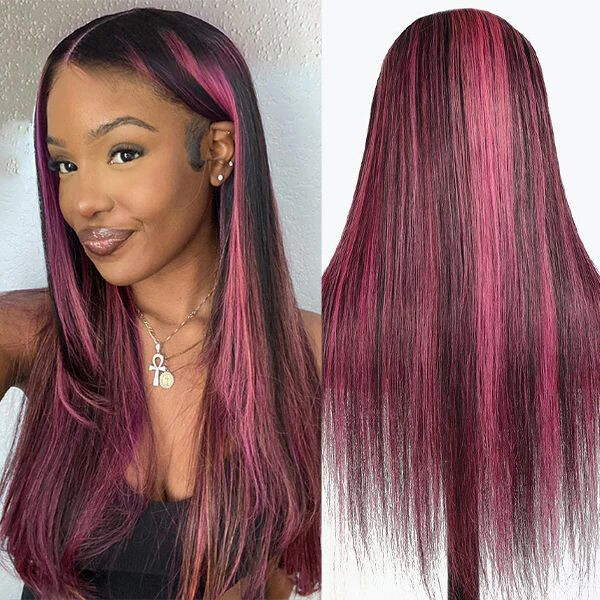 Long Straight Pink Highlight Lace Front Human Hair Wig Pre Plucked