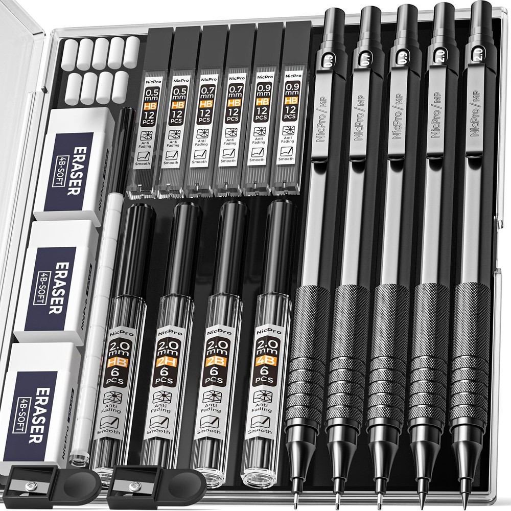 Nicpro 22PCS Art Mechanical Pencil Set, Black Artist Metal Drafting Pencil 0....