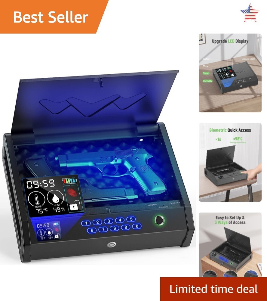 Biometric Gun Safe with LCD Display - Quick Access Handgun Safe - 2 Capacity-image