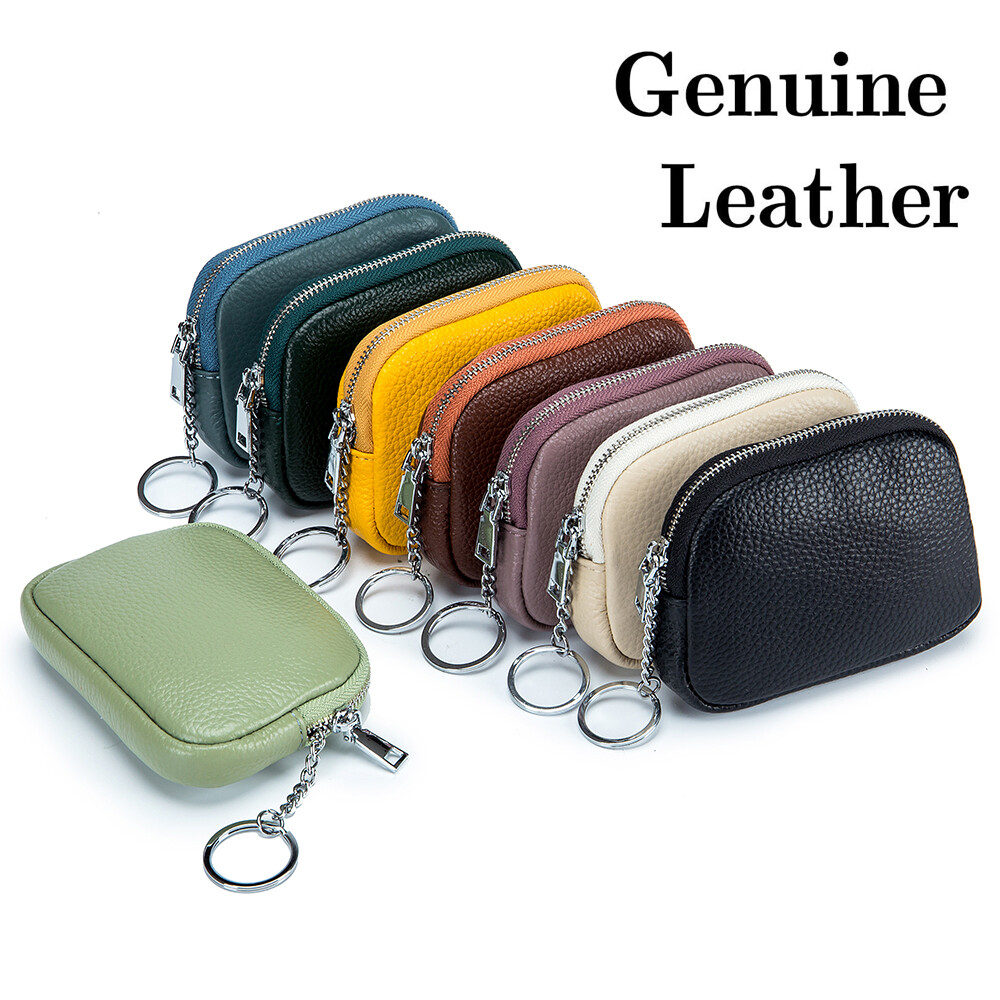 Women Genuine Leather Coin Purse Small Zip Change Pouch Wallet with Key Chain