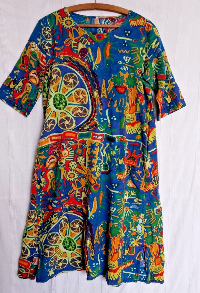 Bright Multicoloured Brush Cotton Shift Dress Pockets Matisse UK M 12-14 Hippy