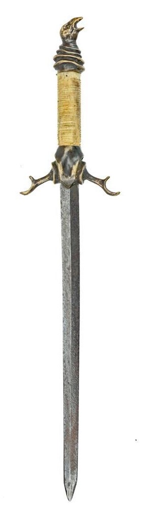 RARE 18TH C. GERMAN NAVAL STILETTO DIRK DAGGER w/ DOUBLE EDGE BLADE, CARVED GRIP