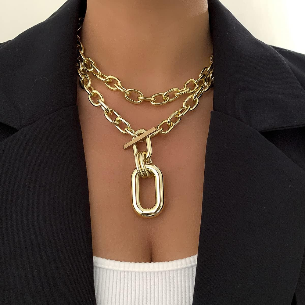 Womens Gold Layered Necklace Chunky Chain Necklace Statement Pendant Choker