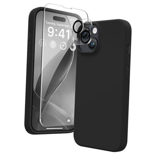 for iPhone 14 Case Silicone, with 2X Screen iPhone 14 6.1 inch B-Black