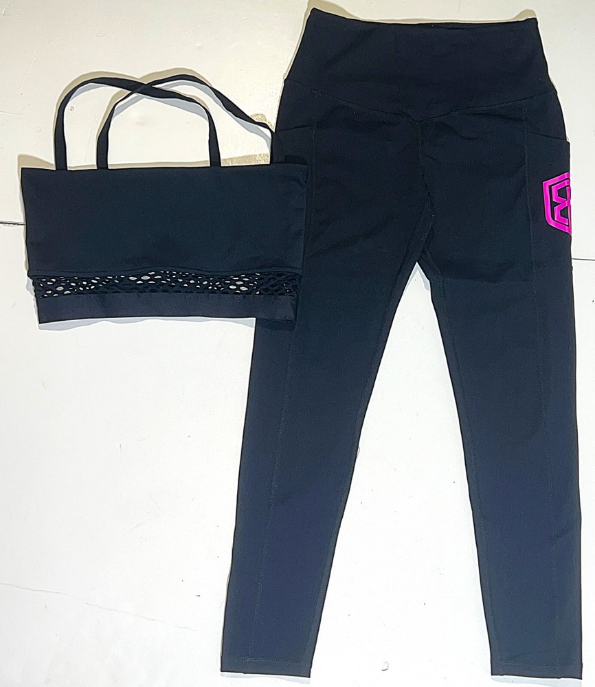 Better Bodies Black Waverly Mesh Stretch Yoga Workout Leggings Sports Bra Set M