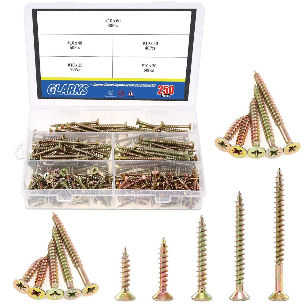 Glarks 250Pcs 5 Size #10 Coarse Thread Phillips Drywall Screws with Bugle Hea...