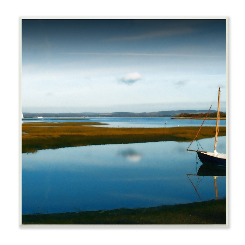 Stupell Dreamy Boat Floating Cloud Reflection Grassy Shore