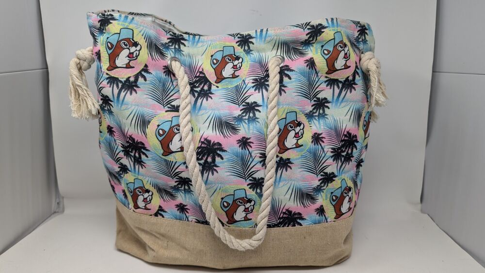 Buc-ees Beaver Beach Themed Canvas Tote Bag Tropical Rope Straps Free Shipping