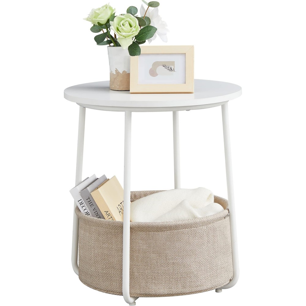 End Table, Small Bedside Table with Fabric Basket, Modern Nightstand, Round S...