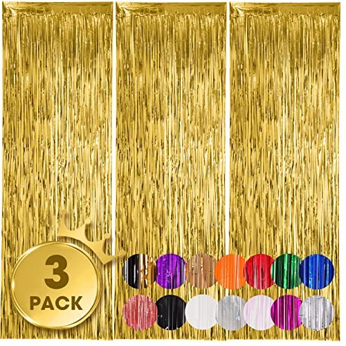 3 Pack 3.3x8.2 Feet Gold Foil Fringe Backdrop Curtains, Tinsel 05 Gold