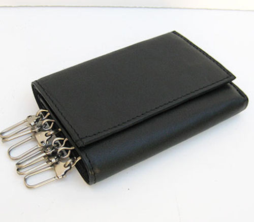 Black Genuine Leather Trifold Wallet with 7 Key Rings for Men