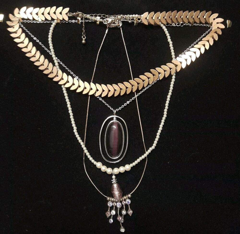 Vintage Necklace Joblot Bundle, Glass Pendant, Gemstone, Faux Pearl And Brass