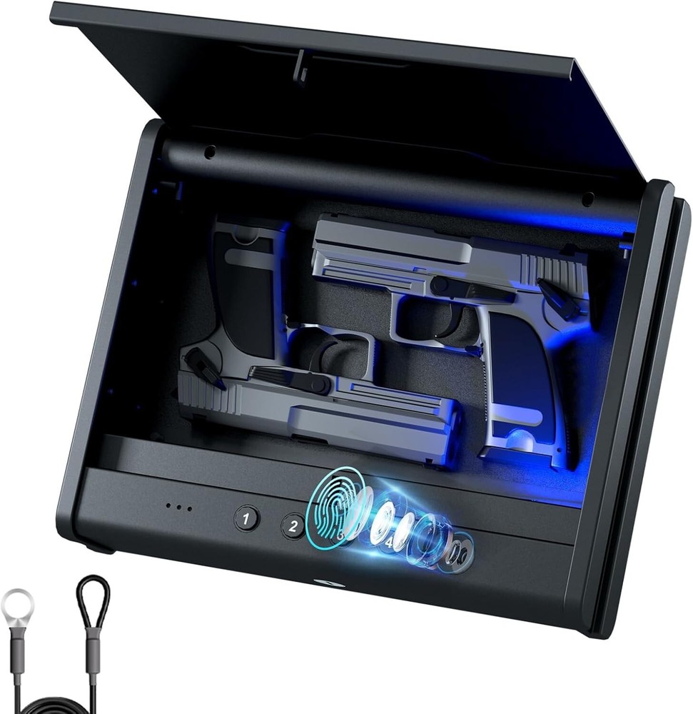 Biometric gun safe with keypad, quick access, interior light, for home or car.-image