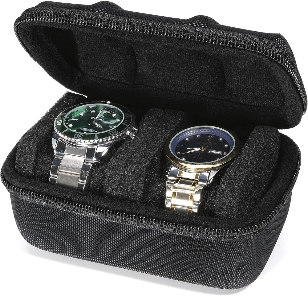 Hard Compact 2-Slot Watch Roll Case with Soft Padded Portable Holder and Organizer