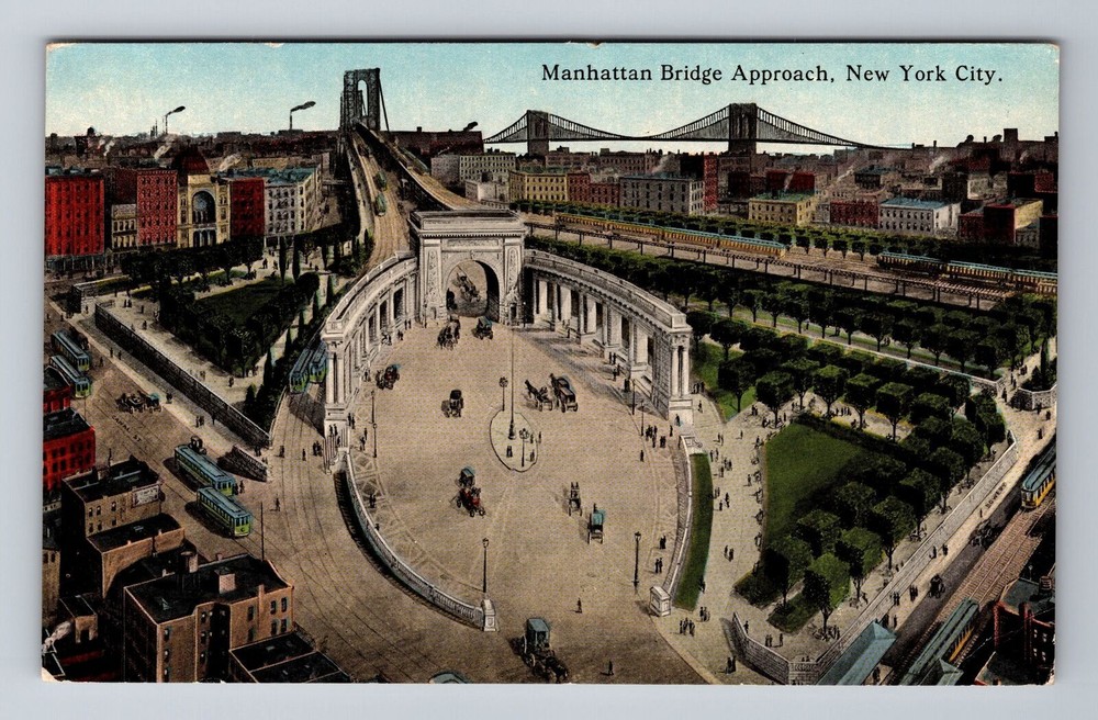 New York City NY, Manhattan Bridge Approach Souvenir Vintage Postcard