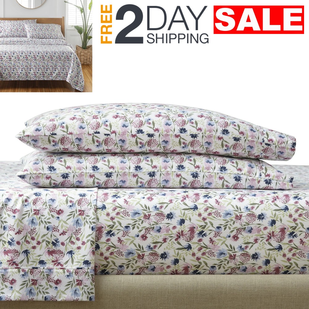 100% Cotton Floral Sheets 4 Piece Set For Queen Size Bed 300 Thread Count Modern
